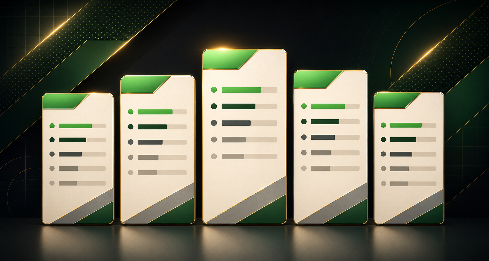 Landscape illustration of side-by-side abstract cards of different heights with neutral bar indicators, symbolizing an objective comparison; muted navy/grey palette with subtle green highlights, no brands or currency symbols.